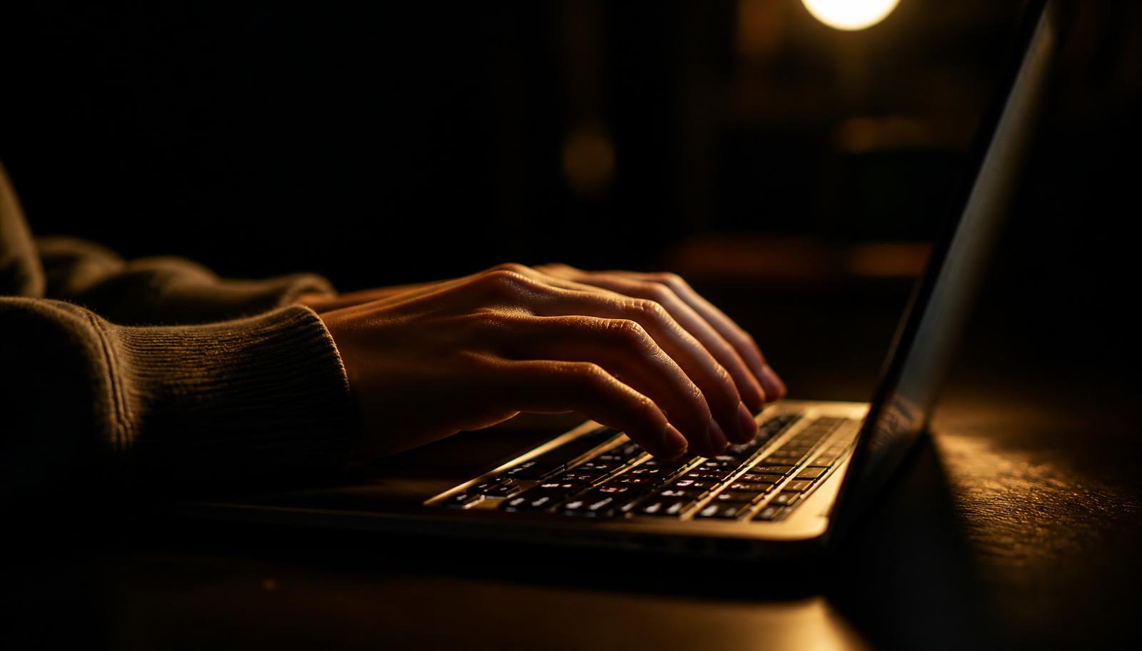 Hands typing on a laptop late at night